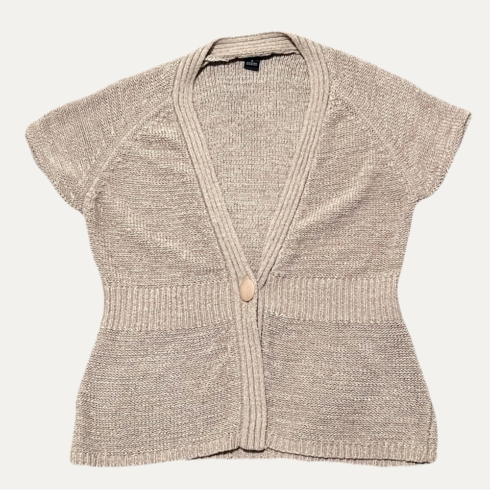 Cozy August Silk Women's Beige Short Sleeve Knit Button Cardigan